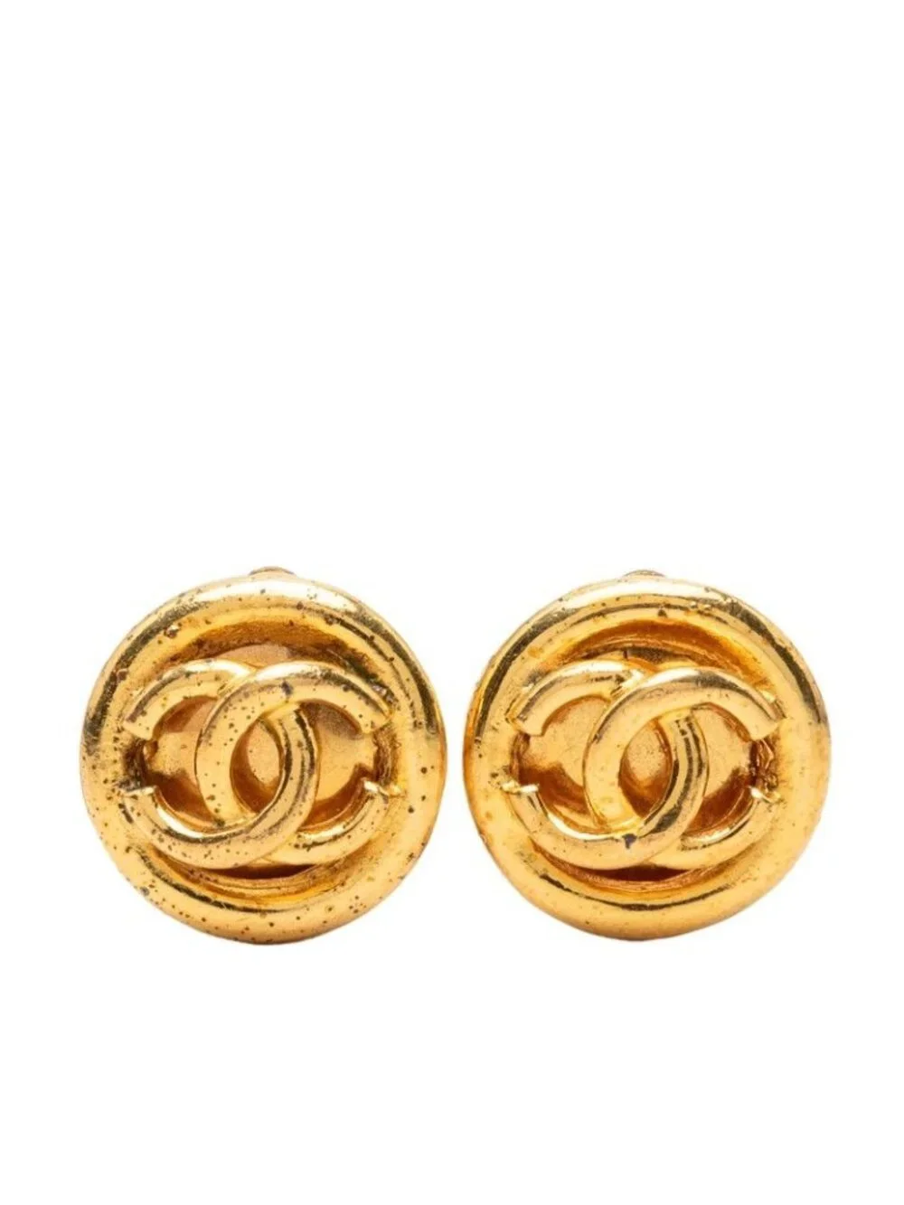 Chanel CC Logo Vintage Round Earrings Gold Plated